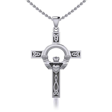 Claddagh on Celtic Knotwork Cross Silver Pendant with Chain Set TSE725 - Jewelry